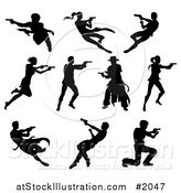 Vector Illustration of Black Silhouetted Men and Women Shooting by AtStockIllustration