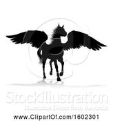 Vector Illustration of Black Silhouetted Pegasus Horse, with a Reflection or Shadow, on a White Background by AtStockIllustration