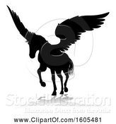 Vector Illustration of Black Silhouetted Pegasus Horse, with a Reflection or Shadow, on a White Background by AtStockIllustration