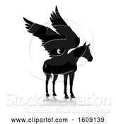 Vector Illustration of Black Silhouetted Pegasus Horse, with a Reflection or Shadow, on a White Background by AtStockIllustration