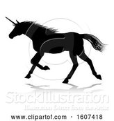 Vector Illustration of Black Silhouetted Unicorn Horse, with a Reflection or Shadow, on a White Background by AtStockIllustration