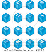 Vector Illustration of Blue Cube Icons: Tickets, Camera, Bed, Hotel, Bus, Restaurant, Moon, Tree, Building, Shopping Bags, Shopping Cart, Bike, Wine Glasses, Luggage, Train Tracks, Road, and Restrooms by AtStockIllustration