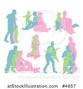 Vector Illustration of Blue Green and Pink Silhouetted Families by AtStockIllustration