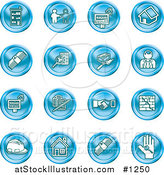 Vector Illustration of Blue Icons: Apartments, Handshake, Real Estate, House, Money, Classifieds, Brick Laying, Businessman, Hardhat and a Key by AtStockIllustration