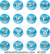 Vector Illustration of Blue Icons: Cars, a Log, Cash, Lemon, Dealer, Ads, Key, Wrench, Engine, Handshake and Money by AtStockIllustration