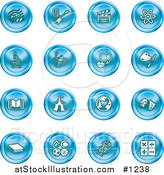 Vector Illustration of Blue Icons: Music Notes, Guitar, Clapperboard, Atom, Microscope, Atoms, Messenger, Painting, Book, Circus Tent, Globe, Masks, Sports Balls, and Math by AtStockIllustration