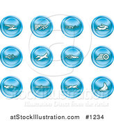 Vector Illustration of Blue Speed Icons: Email, Runner, Super Hero, Rabbit, Jet, Bird, Race Car, Tire, Lightning Bolt, Rocket, Cheetah and Sailboat by AtStockIllustration