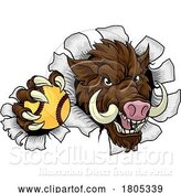 Vector Illustration of Boar Wild Hog Razorback Warthog Softball Mascot by AtStockIllustration
