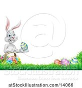 Vector Illustration of Border of a White Easter Bunny Rabbit Holding an Egg by a Basket in the Grass by AtStockIllustration