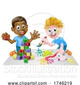 Vector Illustration of Boys Playing with Blocks and Painting by AtStockIllustration