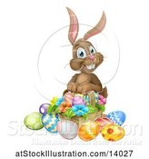 Vector Illustration of Brown Easter Bunny Rabbit with a Basket of Eggs and Flowers by AtStockIllustration