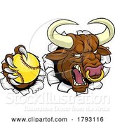 Vector Illustration of Bull Minotaur Longhorn Cow Softball Mascot by AtStockIllustration