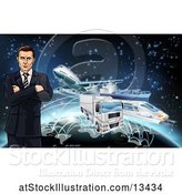 Vector Illustration of Businessman over a Globe with Cargo Logistics Trains, Planes, Big Rig Trucks, and Ships with Illuminated Paths over Stars by AtStockIllustration