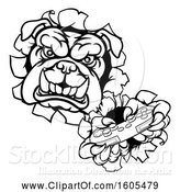 Vector Illustration of Cartoon Black and White Bulldog Holding a Video Game Controller and Breaking Through a Wall by AtStockIllustration