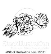 Vector Illustration of Cartoon Black and White Bulldog Monster Shredding Through a Wall with a Basketball in One Hand by AtStockIllustration