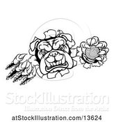 Vector Illustration of Cartoon Black and White Bulldog Monster Shredding Through a Wall with a Golf Ball in One Hand by AtStockIllustration