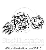 Vector Illustration of Cartoon Black and White Bulldog Monster Shredding Through a Wall with a Soccer Ball in One Hand by AtStockIllustration