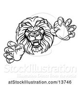 Vector Illustration of Cartoon Black and White Charging Male Lion Monster Holding a Football by AtStockIllustration