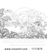 Vector Illustration of Cartoon Black and White Diplodocus Dinosaur by a T Rex and Triceratops in a Fight by AtStockIllustration