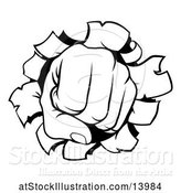 Vector Illustration of Cartoon Black and White Fisted Hand Punching a Hole Through a Wall by AtStockIllustration