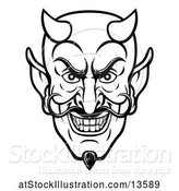 Vector Illustration of Cartoon Black and White Grinning Evil Devil Face by AtStockIllustration