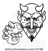 Vector Illustration of Cartoon Black and White Grinning Evil Devil Holding a Video Game Controller by AtStockIllustration