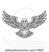Vector Illustration of Cartoon Black and White Swooping American Bald Eagle with a Cricket Ball in His Talons by AtStockIllustration