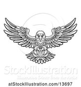 Vector Illustration of Cartoon Black and White Swooping American Bald Eagle with a Golf Ball in His Talons by AtStockIllustration