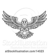 Vector Illustration of Cartoon Black and White Swooping American Bald Eagle with a Tennis Ball in His Talons by AtStockIllustration