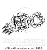 Vector Illustration of Cartoon Black and White Tough Bulldog Monster Sports Mascot Holding out a Basketball in One Clawed Paw and Breaking Through a Wall by AtStockIllustration