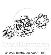Vector Illustration of Cartoon Black and White Tough Bulldog Monster Sports Mascot Holding out a Bowling Ball in One Clawed Paw and Breaking Through a Wall by AtStockIllustration