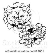 Vector Illustration of Cartoon Black and White Wolf Mascot Holding a Video Game Controller and Breaking Through a Wall by AtStockIllustration