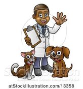 Vector Illustration of Cartoon Black Male Veterinarian Waving and Holding a Clipboard, Standing with a Dog and Cat by AtStockIllustration