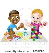 Vector Illustration of Cartoon Boy and Girl Playing with Paints and Blocks by AtStockIllustration