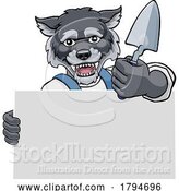 Vector Illustration of Cartoon Bricklayer Wolf Trowel Tool Handyman Mascot by AtStockIllustration