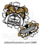 Vector Illustration of Cartoon Bulldog Holding a Video Game Controller and Breaking Through a Wall by AtStockIllustration