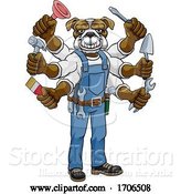 Vector Illustration of Cartoon Bulldog Multitasking Handyman Holding Tools by AtStockIllustration