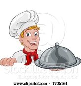 Vector Illustration of Cartoon Chef Cook Baker Guy Holding Domed Tray by AtStockIllustration