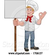 Vector Illustration of Cartoon Chef Cook Baker Guy Holding Sign by AtStockIllustration
