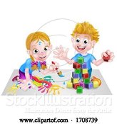 Vector Illustration of Cartoon Children Playing with Building Blocks and Paint by AtStockIllustration