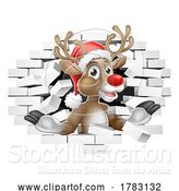 Vector Illustration of Cartoon Christmas Reindeer in Santa Hat Breaking Wall by AtStockIllustration