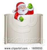 Vector Illustration of Cartoon Christmas Santa Claus Waving over a Blank Scroll Sign by AtStockIllustration