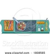 Vector Illustration of Cartoon Cooking Vegetable Curry Chinese Food Kitchen Scene by AtStockIllustration