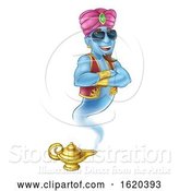 Vector Illustration of Cartoon Cool Genie Magic Lamp Aladdin Pantomime Cartoon by AtStockIllustration