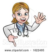 Vector Illustration of Cartoon Doctor Character Above Sign Pointing by AtStockIllustration