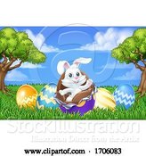 Vector Illustration of Cartoon Easter Bunny Rabbit Breaking Chocolate Egg Scene by AtStockIllustration