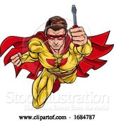 Vector Illustration of Cartoon Electrician Handyman Superhero Holding Screwdriver by AtStockIllustration