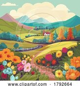 Vector Illustration of Cartoon Fields Landscape Flowers Farm House Background by AtStockIllustration