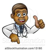 Vector Illustration of Cartoon Friendly Black Male Doctor Giving a Thumb up over a Sign by AtStockIllustration