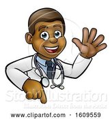 Vector Illustration of Cartoon Friendly Black Male Doctor Waving over a Sign by AtStockIllustration